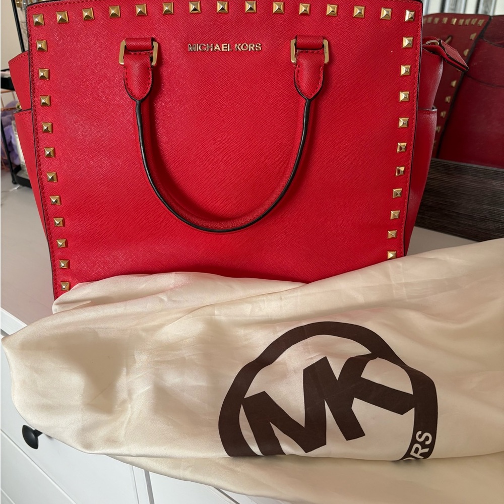 Michael Kors Red Saffiano Tote with Gold Stud Accents